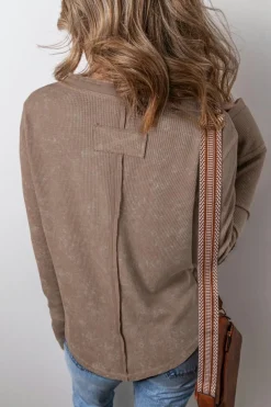 Clearance Dear-Lover Acid Wash Waffle Knit Buttoned Neckline Long Sleeve Top Coffee