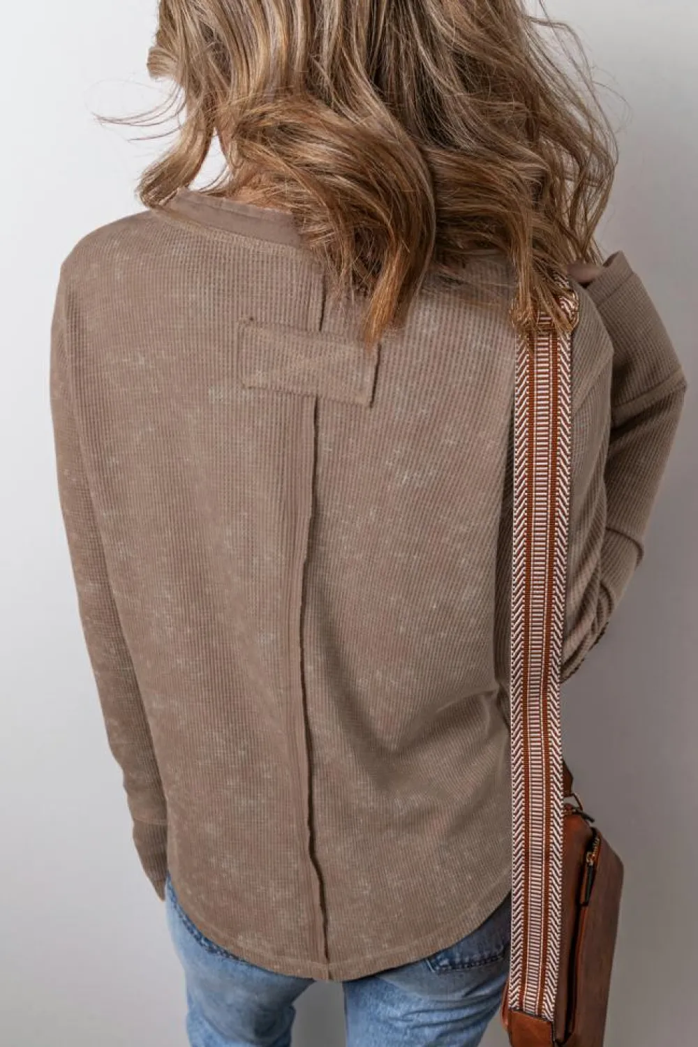 Clearance Dear-Lover Acid Wash Waffle Knit Buttoned Neckline Long Sleeve Top Coffee