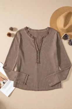Clearance Dear-Lover Acid Wash Waffle Knit Buttoned Neckline Long Sleeve Top Coffee