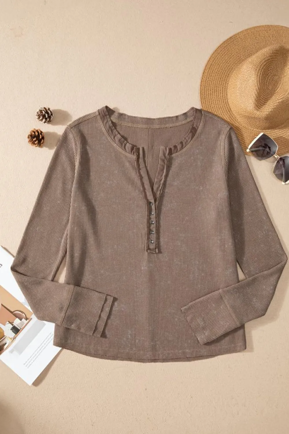 Clearance Dear-Lover Acid Wash Waffle Knit Buttoned Neckline Long Sleeve Top Coffee