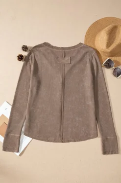 Clearance Dear-Lover Acid Wash Waffle Knit Buttoned Neckline Long Sleeve Top Coffee