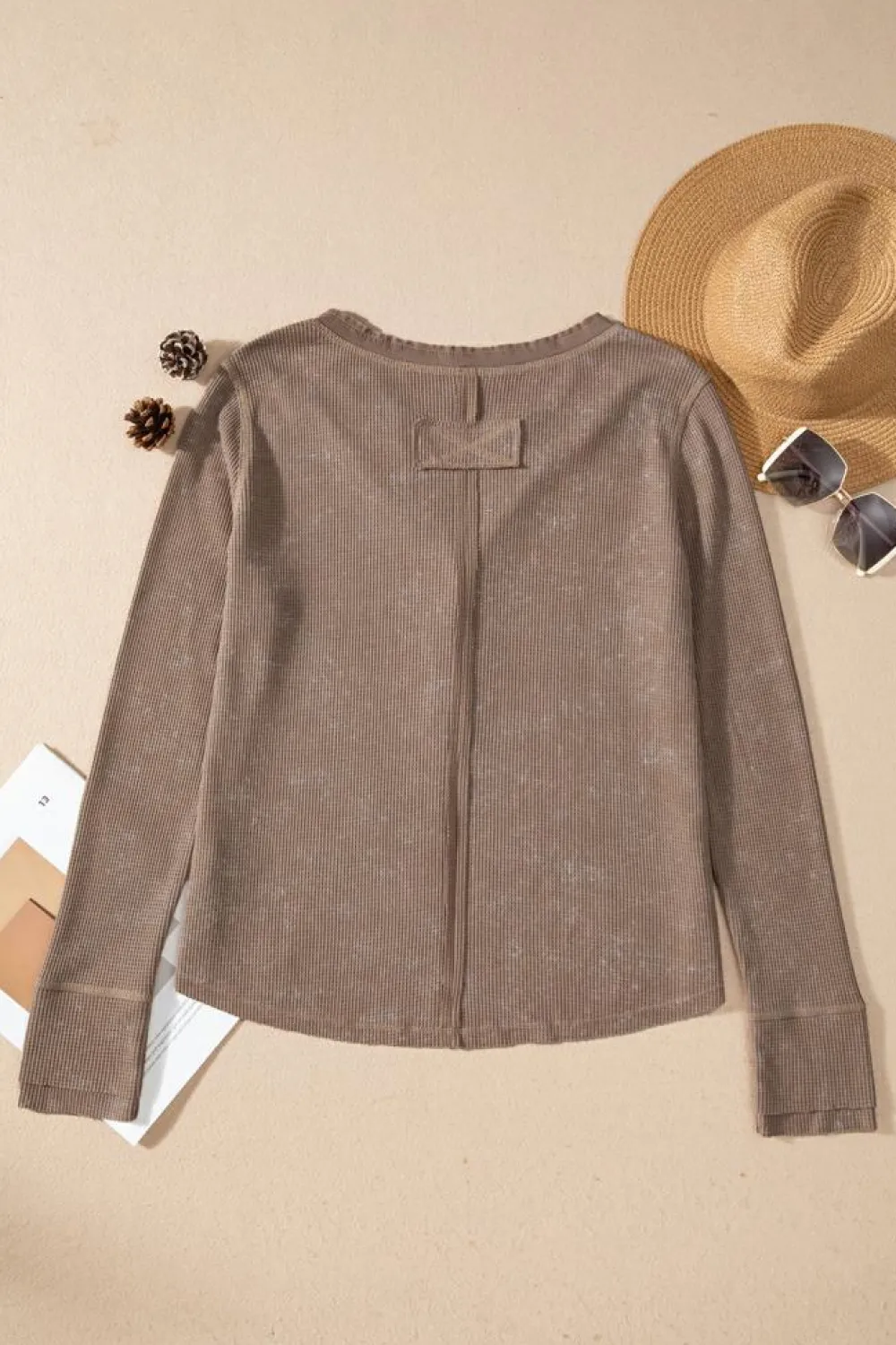 Clearance Dear-Lover Acid Wash Waffle Knit Buttoned Neckline Long Sleeve Top Coffee