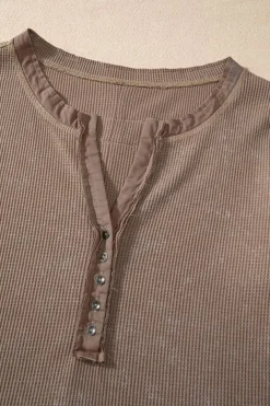 Clearance Dear-Lover Acid Wash Waffle Knit Buttoned Neckline Long Sleeve Top Coffee