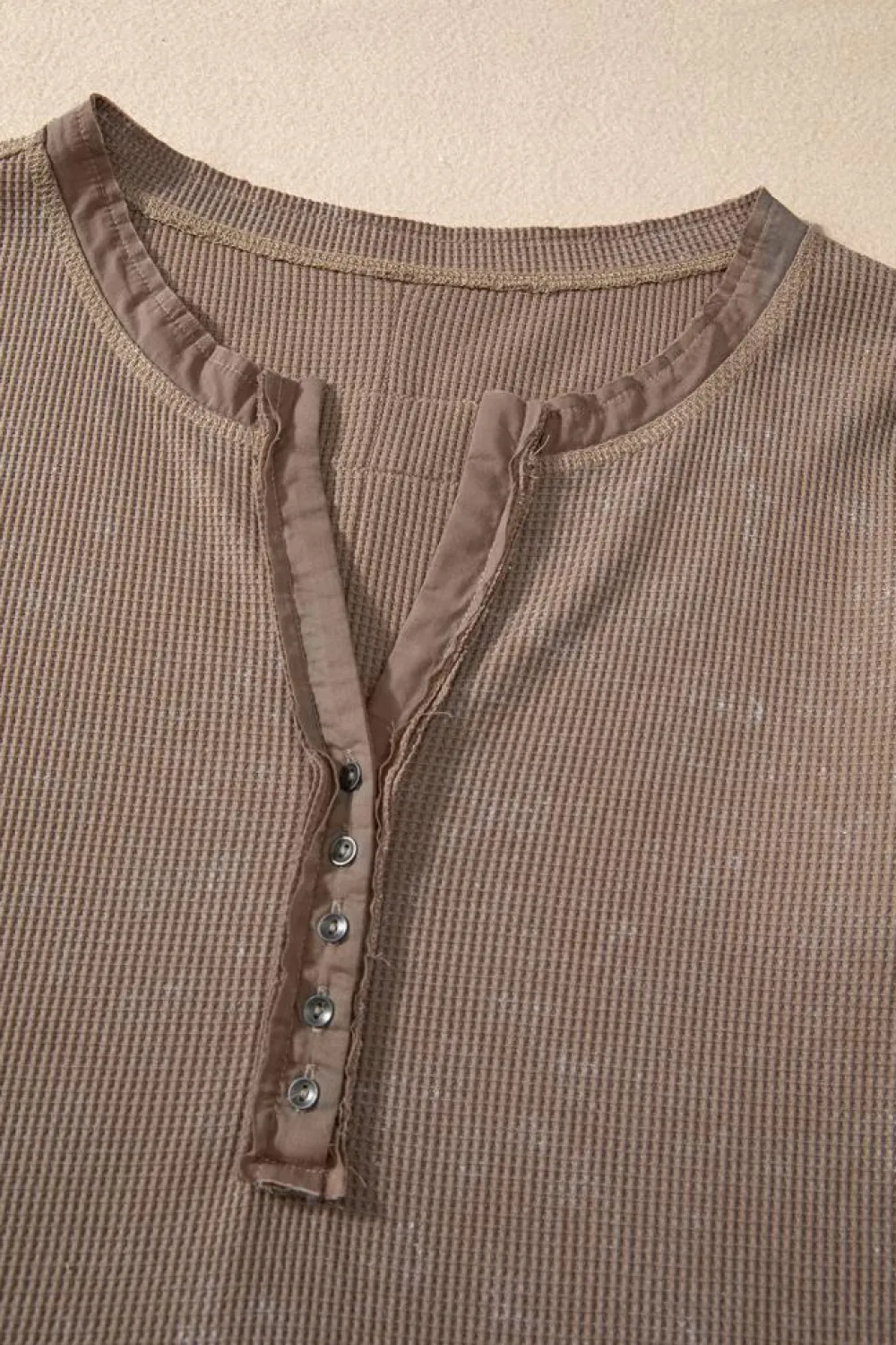 Clearance Dear-Lover Acid Wash Waffle Knit Buttoned Neckline Long Sleeve Top Coffee