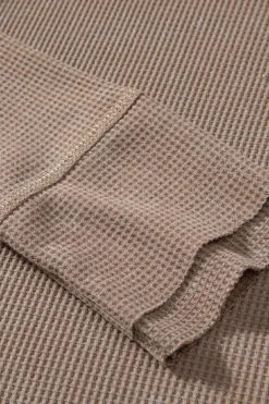 Clearance Dear-Lover Acid Wash Waffle Knit Buttoned Neckline Long Sleeve Top Coffee