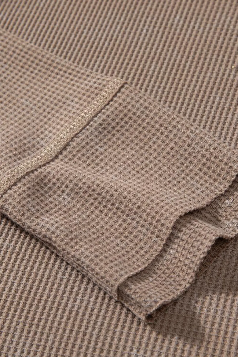 Clearance Dear-Lover Acid Wash Waffle Knit Buttoned Neckline Long Sleeve Top Coffee