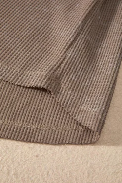 Clearance Dear-Lover Acid Wash Waffle Knit Buttoned Neckline Long Sleeve Top Coffee