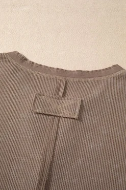Clearance Dear-Lover Acid Wash Waffle Knit Buttoned Neckline Long Sleeve Top Coffee