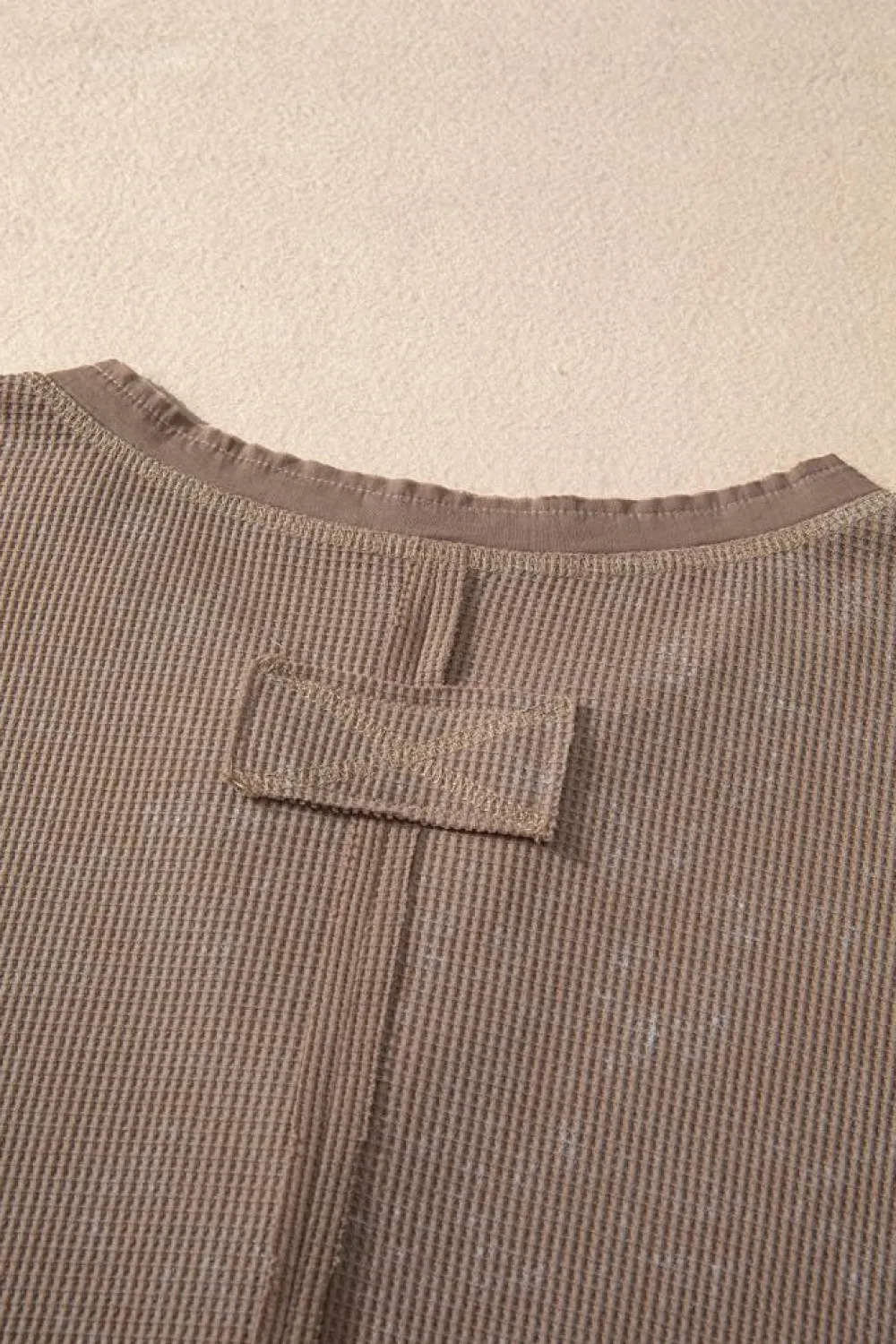 Clearance Dear-Lover Acid Wash Waffle Knit Buttoned Neckline Long Sleeve Top Coffee
