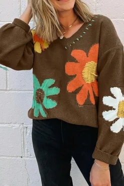 Hot Dear-Lover Big Flower Pattern V Neck Drop Shoulder Sweater Coffee