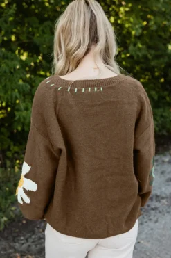 Hot Dear-Lover Big Flower Pattern V Neck Drop Shoulder Sweater Coffee