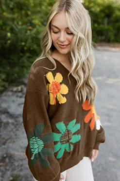 Hot Dear-Lover Big Flower Pattern V Neck Drop Shoulder Sweater Coffee