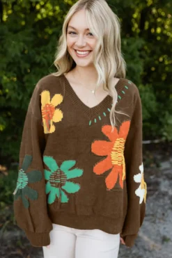 Hot Dear-Lover Big Flower Pattern V Neck Drop Shoulder Sweater Coffee