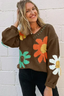 Hot Dear-Lover Big Flower Pattern V Neck Drop Shoulder Sweater Coffee