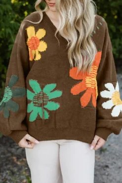 Hot Dear-Lover Big Flower Pattern V Neck Drop Shoulder Sweater Coffee
