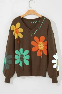 Hot Dear-Lover Big Flower Pattern V Neck Drop Shoulder Sweater Coffee