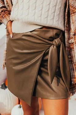 Best Dear-Lover Bowknot Faux Leather Mini Skirt Coffee