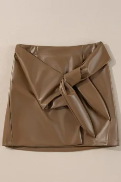 Best Dear-Lover Bowknot Faux Leather Mini Skirt Coffee
