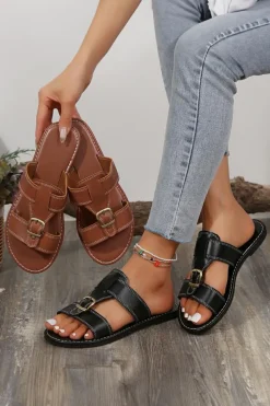 Outlet Dear-Lover Buckle Decor Dual Bands PU Leather Flat Slippers Coffee