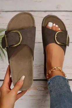 Discount Dear-Lover Buckle Decor Faux Suede Thick Sole Slippers Coffee