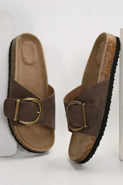 Discount Dear-Lover Buckle Decor Faux Suede Thick Sole Slippers Coffee