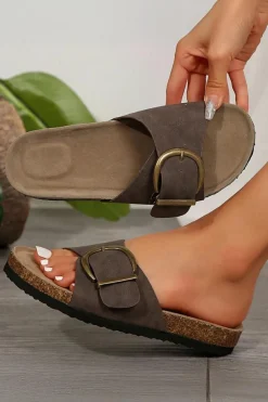Discount Dear-Lover Buckle Decor Faux Suede Thick Sole Slippers Coffee