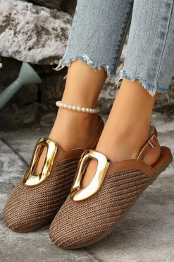 Discount Dear-Lover Buckle Decor Woven Close Toe Flat Sandals Coffee