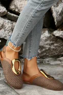 Discount Dear-Lover Buckle Decor Woven Close Toe Flat Sandals Coffee