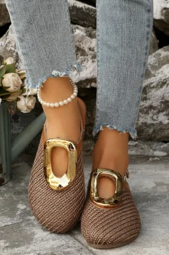 Discount Dear-Lover Buckle Decor Woven Close Toe Flat Sandals Coffee
