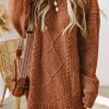 Clearance Dear-Lover Cable Knit Drop Shoulder Loose Fit Sweater Dress Coffee