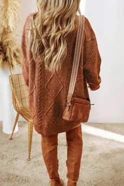 Clearance Dear-Lover Cable Knit Drop Shoulder Loose Fit Sweater Dress Coffee