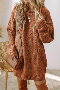 Clearance Dear-Lover Cable Knit Drop Shoulder Loose Fit Sweater Dress Coffee