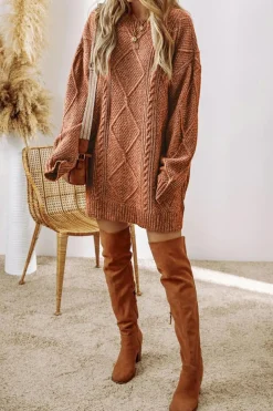 Clearance Dear-Lover Cable Knit Drop Shoulder Loose Fit Sweater Dress Coffee