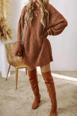 Clearance Dear-Lover Cable Knit Drop Shoulder Loose Fit Sweater Dress Coffee