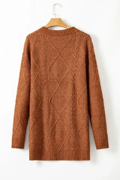Clearance Dear-Lover Cable Knit Drop Shoulder Loose Fit Sweater Dress Coffee