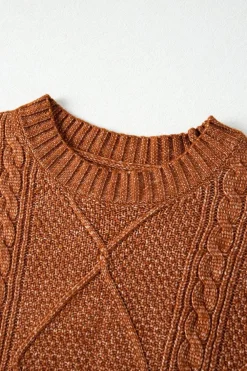 Clearance Dear-Lover Cable Knit Drop Shoulder Loose Fit Sweater Dress Coffee