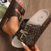 New Dear-Lover Checkered Print Dual Buckle Cut Out Platform Slippers Coffee