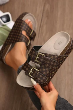 New Dear-Lover Checkered Print Dual Buckle Cut Out Platform Slippers Coffee