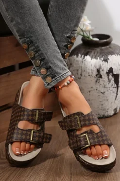 New Dear-Lover Checkered Print Dual Buckle Cut Out Platform Slippers Coffee