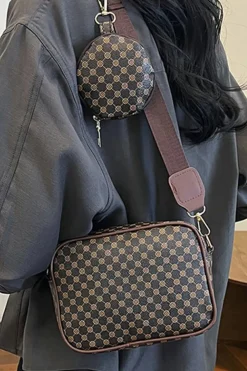 Best Dear-Lover Checkered Print PU Leather Shoulder Bag with Coin Wallet Coffee