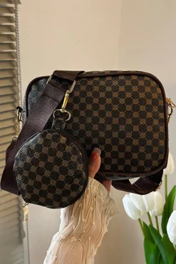 Best Dear-Lover Checkered Print PU Leather Shoulder Bag with Coin Wallet Coffee