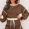 Hot Dear-Lover Color Contrast Loose Pullover and Lace-up Waist Skort Set Coffee