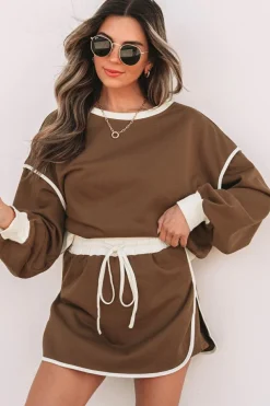 Hot Dear-Lover Color Contrast Loose Pullover and Lace-up Waist Skort Set Coffee