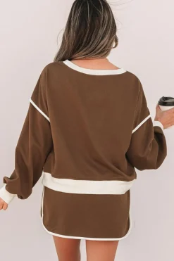 Hot Dear-Lover Color Contrast Loose Pullover and Lace-up Waist Skort Set Coffee