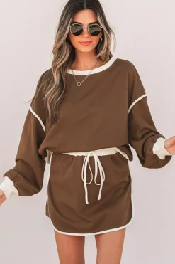 Hot Dear-Lover Color Contrast Loose Pullover and Lace-up Waist Skort Set Coffee