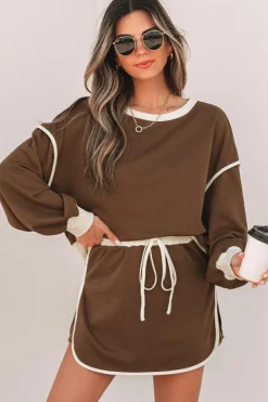 Hot Dear-Lover Color Contrast Loose Pullover and Lace-up Waist Skort Set Coffee