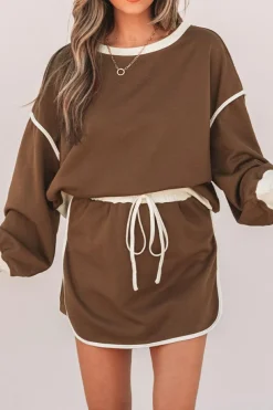 Hot Dear-Lover Color Contrast Loose Pullover and Lace-up Waist Skort Set Coffee