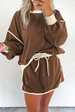 Hot Dear-Lover Color Contrast Loose Pullover and Lace-up Waist Skort Set Coffee