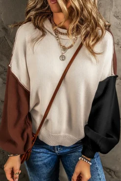 Hot Dear-Lover Colorblock Bishop Sleeve Ribbed Trim Sweater Coffee
