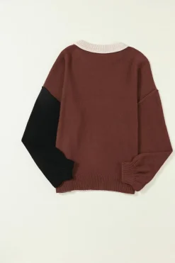 Hot Dear-Lover Colorblock Bishop Sleeve Ribbed Trim Sweater Coffee